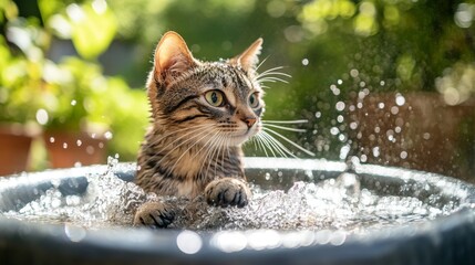 Poster - A high-quality image of a cat sitting in a small splash pool, with its paws dipped in the water and a content expression, surrounded by a summer backyard setting.