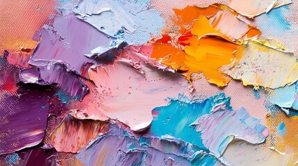 Closeup of abstract rough colorful multicolored art painting texture, with oil brushstroke, pallet knife paint on canvas