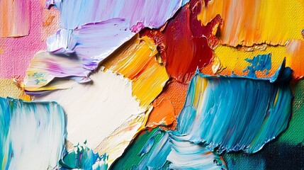 Closeup of abstract rough colorful multicolored art painting texture, with oil brushstroke, pallet knife paint on canvas