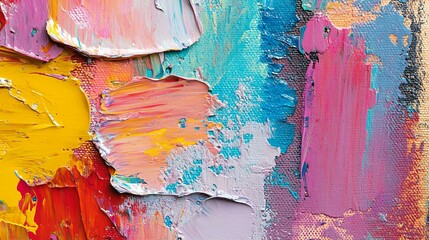 Closeup of abstract rough colorful multicolored art painting texture, with oil brushstroke, pallet knife paint on canvas