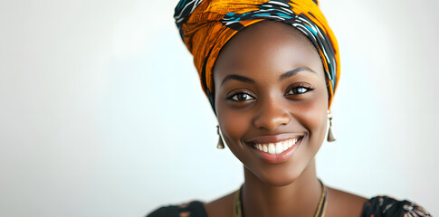 Wall Mural - Close-up portrait of smiling beautiful African woman with radiant dark skin isolated on white background