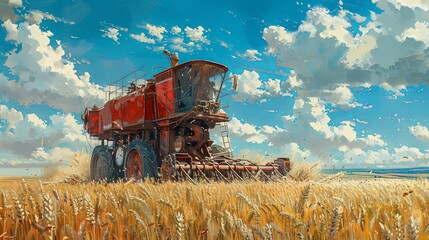 A red combine harvester working through a golden wheat field under a vibrant blue sky with fluffy white clouds, capturing the essence of modern agriculture and farming.