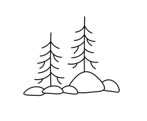 Wall Mural - Vector isolated two fir trees landscape freehand doodle  colorless black and white contour line easy drawing