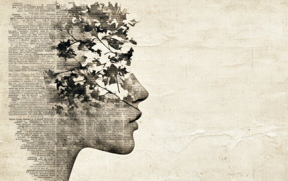 A distressed, sepia-toned newspaper page with faded text and scattered floral elements, blended with the outline of a woman s face in a soft, grunge texture