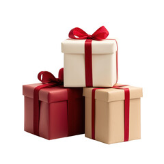 Three beautifully wrapped gift boxes in red and cream, adorned with ribbons, perfect for celebrations and special occasions. transparent background