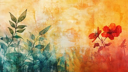 Grunge style beautiful, colorful, abstract art. Paper texture. Colorful painting. Watercolor background with flowers and plants.