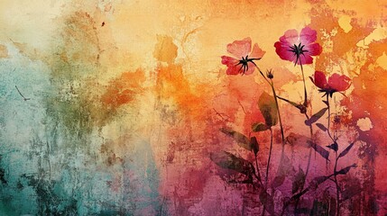 Grunge style beautiful, colorful, abstract art. Paper texture. Colorful painting. Watercolor background with flowers and plants.