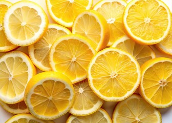 Freshly cut yellow lemon wedges arranged on a white background, capturing the vibrant citrus color and tantalizing texture, evoking a sense of refreshing summer flavors.