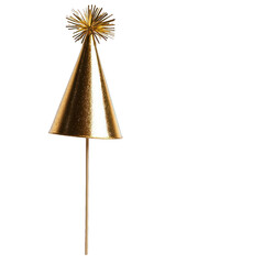 A shiny gold party hat with a starburst decoration, perfect for festive celebrations and New Year's parties. transparent background