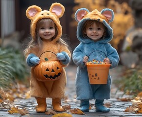 Wall Mural - Happy Children Trick or Treat in Halloween Costumes - Cute Mice 02 - 400 x 3968 19MP - created by AI