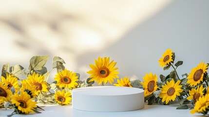 Poster - Bright sunflowers arranged artistically around a minimalist display stand in a well-lit indoor setting