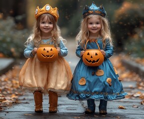 Wall Mural - Happy Children Trick or Treat in Halloween Costumes - Princesses 01 - 400 x 3968 19MP - created by AI