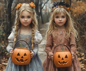 Wall Mural - Happy Children Trick or Treat in Halloween Costumes - Princesses 02 - 400 x 3968 19MP - created by AI