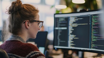 Developers coding on dual monitors, with lines of code and real-time debugging tools visible, illustrating the role of software development in creating digital solutions.