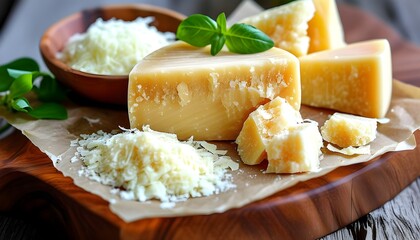 Rustic display of Parmesan cheese blocks, shredded pieces, and grated cheese on a wooden board, garnished with fresh green herbs