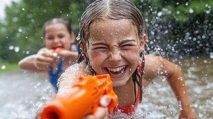 Two laughing children in swimwear joyfully engage in a playful water gun battle in a lush, green, outdoor setting, embodying childhood adventure and fun.