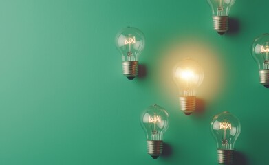 Fototapete - An idea concept with a row of light bulbs and glowing bulbs