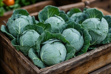 A collection of fresh green cabbages arranged neatly in a wooden crate at the market