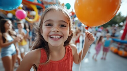 Enthusiastic young girl with long hair holds colorful balloons, grinning widely in a lively festival atmosphere with various people having fun in the background.