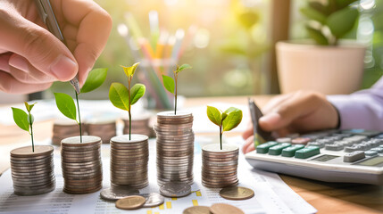 A stack of shiny coins with different currencies represents investing. The coins are arranged neatly, symbolizing growth and financial planning