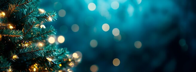 Wall Mural -  Christmas tree with lights on a blue background, blurred background, copy space for text, banner design, festive mood, soft lighting, bokeh effect, 