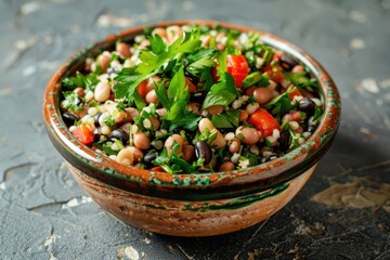 Wall Mural - healthy vegetarian soup with black eyed beans, carrots, cabbage and spices, served in ceramic bowl from above, on grey background