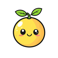 Cheerful lemon character with a smiling face, rosy cheeks, and a leafy stem presented in a charming cartoon style on a white background. Ideal for kid-friendly designs.