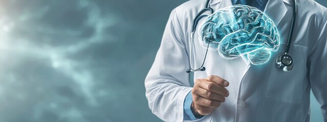 Aufkleber - An innovative concept in science and medicine is a doctor checking brain testing results with a computer interface.