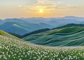 Sticker - Mountain valley sunset. Beautiful natural landscape in the summer