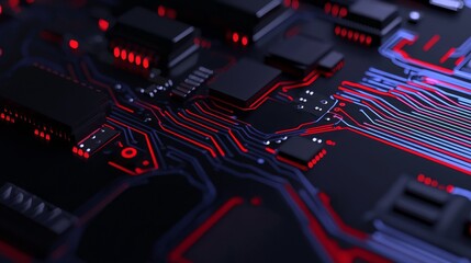 Leinwandbilder - Display interface. Mirrored pattern in blue and red color. Digital integrated network technology. Circuit board. Neon. Computer graphics.
