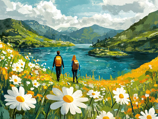 two hikers with backpacks make their way through a colorful, flower-strewn meadow towards a serene l