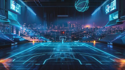 Futuristic Basketball Court with City Skyline