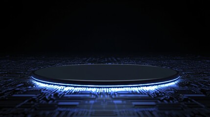 Leinwandbilder - 3D rendering of abstract technology product display background. Glowing sci-fi circle circuit hud with gradient blue computer circuit background.