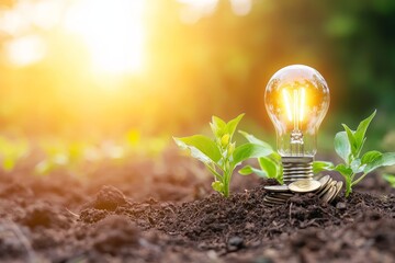 Poster - An energy-saving light bulb with coins and a tree on a sunny soil background
