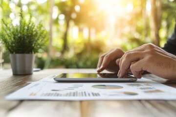 Poster - A businessman analyzes sales data on a tablet and laptop while observing a graph chart of economic growth. Business strategy. Digital marketing. Innovation technology concept for business.