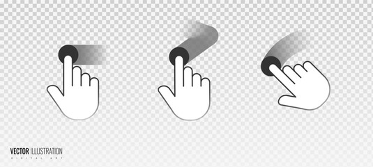 Touch effect of hand gesture on transparent grid background. Icon of hand movement on the touch screen with blurry motion in white color. Vector illustration of swipe here icon