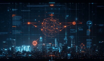 Aufkleber - At night, a modern city with wireless network connection and cityscape concept. Wireless network and connection technology concept with city background.