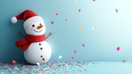 Aufkleber - Merry Christmas greeting card template. 3D snowman holding blank banner, facing camera. Winter holiday background with gold confetti.