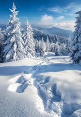 Poster - An early morning winter scene of freezing fir trees amidst a calm mountain landscape