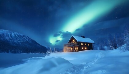 Wall Mural - An illustration of a wooden cabin isolated in a mountainous and snowy location