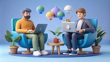 3D illustration of two cheerful businessmen with laptops, working together in an office.