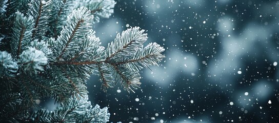 Canvas Print - Pine branches covered in snow and falling snowflakes, winter holiday evergreen Christmas tree