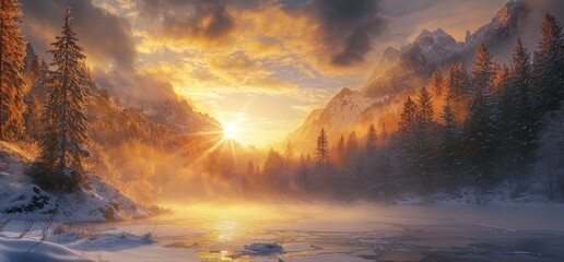 Aufkleber - Winter sunrise in the mountains. Reflected mountains and ice lakes. Beautiful panoramic landscape of the valley in the mountains.