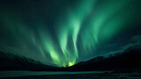 The Northern Lights at  the night sky with vibrant hues of green, purple glowing