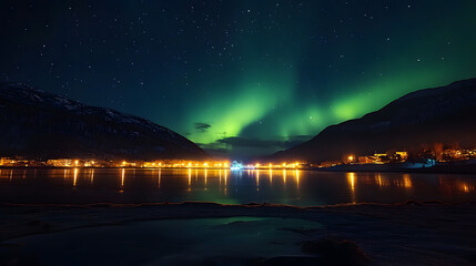 Wall Mural - the northern lights at the night sky with vibrant hues of green, purple glowing