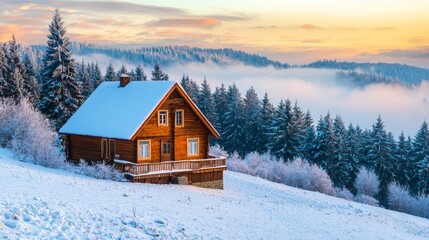 Poster - A fantastic winter landscape with an elegant wooden house in the snowy mountains. A foggy sunset sky and the snowcapped mountains are the perfect combination for this holiday concept.