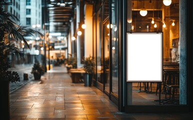 Mockup of a white paper, business and marketing poster displayed outside a restaurant building.