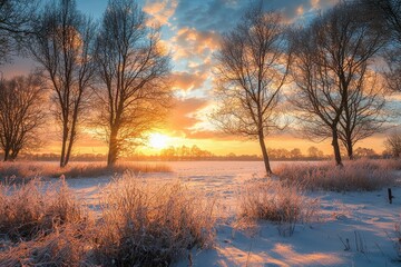 Poster - Sunrise over snow-covered fields during the winter