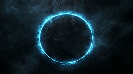 Aufkleber - Blue neon glowing glare circle isolated on black background with rays.