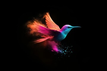 Birds. Dispersion, splatter effect on black background.